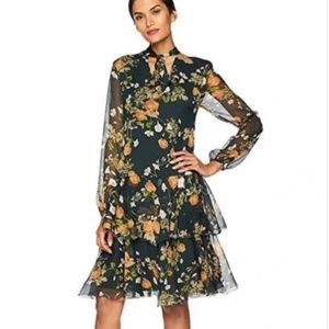 $165 Ralph Lauren Floral Print Tie-Neck Dress / Long Sleeves in Green